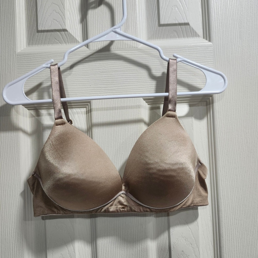 Champagne Bronze Satin Wireless T-Shirt Bra Molded Cups Plunge Shimmer